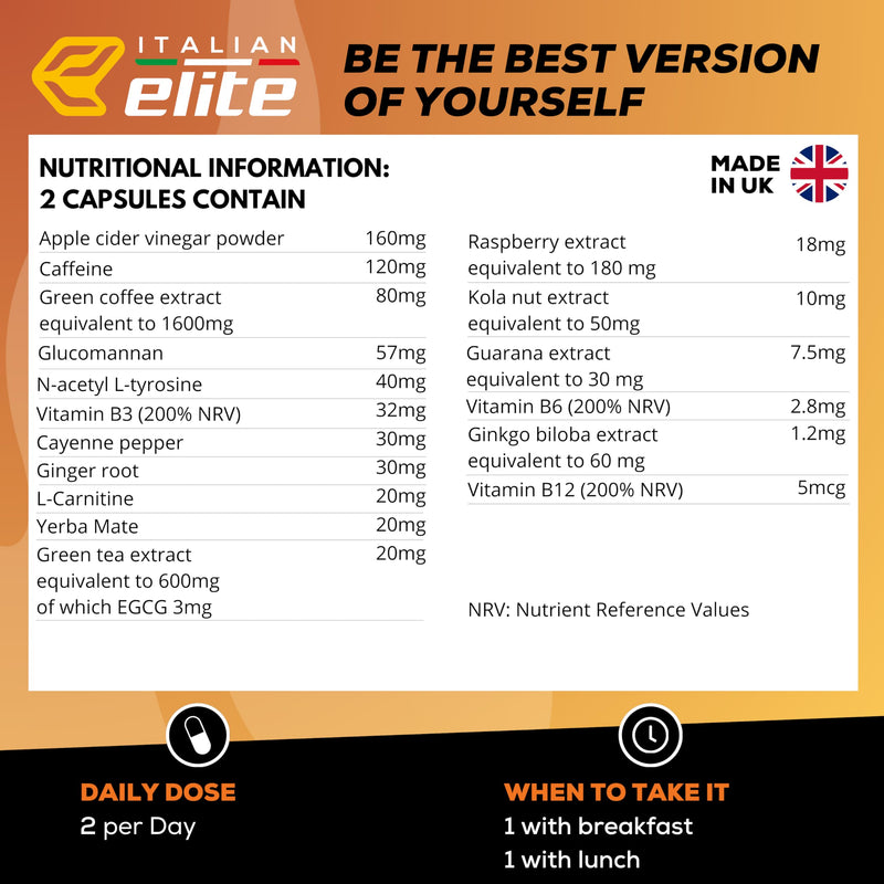 Italian Elite® Elite Extreme 240 Capsules. Dietary Supplement with Caffeine, Green Tea, Carnitine, Glucomannan, Apple Cider Vinegar, and Guarana. Support for an Active Lifestyle, Energy, and Focus. 240 count (Pack of 1)