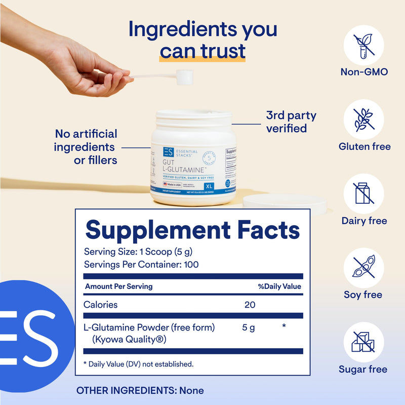[Australia] - Essential Stacks Gut L Glutamine Powder XL (500 grams) - Made in USA, Non-GMO, Gluten Free, Vegan, Unflavored (100 Servings) 