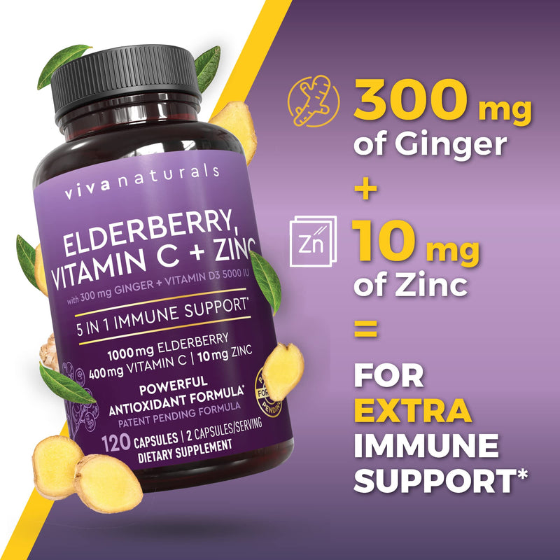 Viva Naturals Elderberry with Vitamin C and Zinc for Adults - 5 in 1 Sambucus Black Elderberry Capsules with Vitamin D3 5000 IU Immunity Supplement, Sambucus Elderberry Immune Support Supplement 120 Count (Pack of 1)