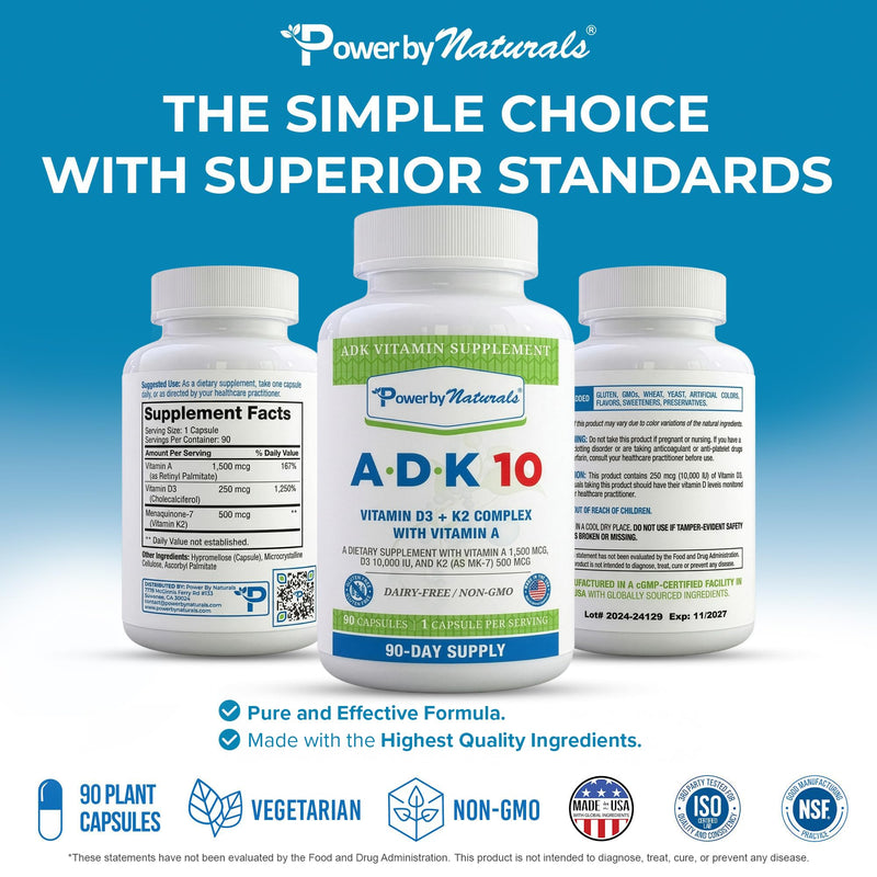 Power By Naturals ADK 10 Vitamin Supplement – Vitamins A, D3 & K2 MK-7 for Bone, Heart & Immune Health – Gluten-Free, Soy-Free – 90 Capsules (3-Month Supply) 90 Count (Pack of 1)