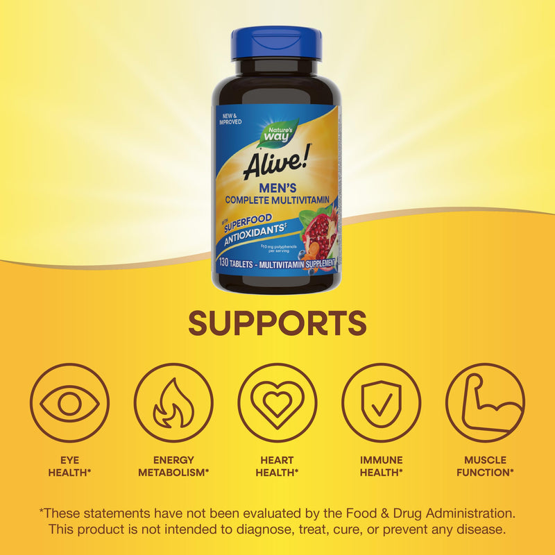 Nature's Way Alive! Men's Complete Daily Multivitamin, Supports Energy Metabolism & Muscle Function*, with B-Vitamins, Gluten Free, 130 Tablets (Packaging May Vary) (Pack of 2) 130 Count (Pack of 2)