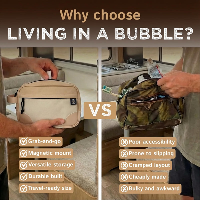 Living in a Bubble Premium Magnetic Bag. Durable Cordura Fabric Travel-Ready Toiletry Pouch for Camping, Traveling, Hiking, Family Trip (Beige) Beige