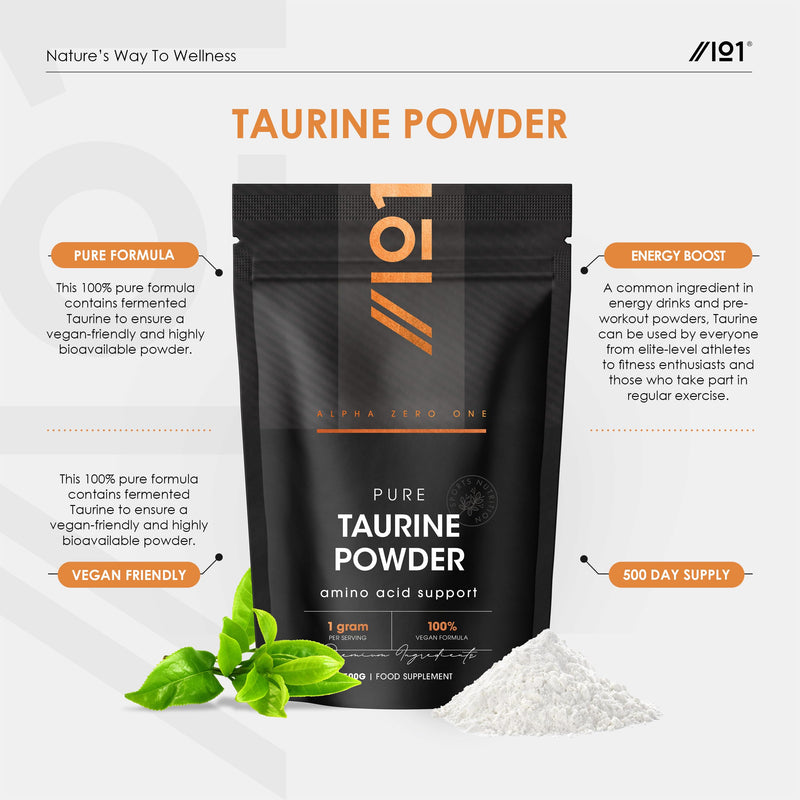 Taurine Powder 500g – Pure Fermented L-Taurine Amino Acid – Resealable and Recyclable Pouch by Alpha01