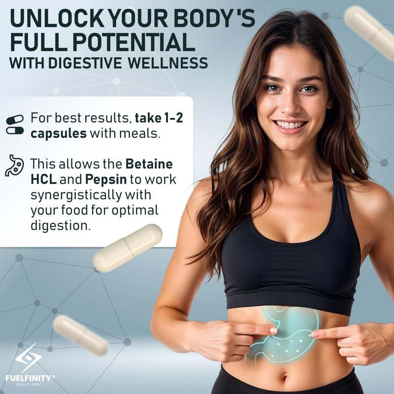 Betaine HCl Pepsin - 1000 mg - 60 Capsules - High Strength for Sensitive Digestion - Clean Betaine Hydrochloride to Support Protein Breakdown - FuelFinity® Superlative Quality 1 count (Pack of 60)
