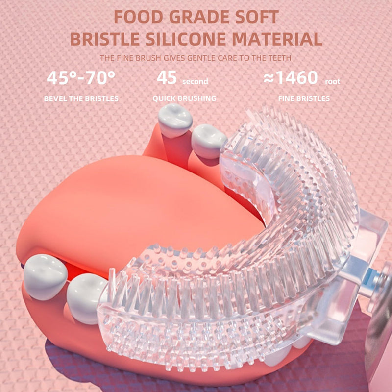 Kids U Shaped Electric Toothbrush with 4 Brush Heads, 360° Sonic Automatic Toothbrush with 3 Cleaning Modes, IPX7 Waterproof Cartoon Dinosaur Design (Ages 2-12) Pink