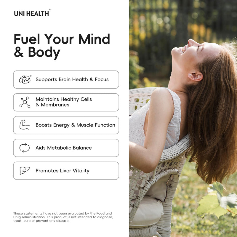 UniHealth® Choline 500 mg with VitaCholine®, 60-Day Supply, Liquid Vegan Capsules for Prenatal Choline Supplement, Brain Health, Cognitive Performance & Liver Support, Non-GMO, Gluten-Free, USA Made
