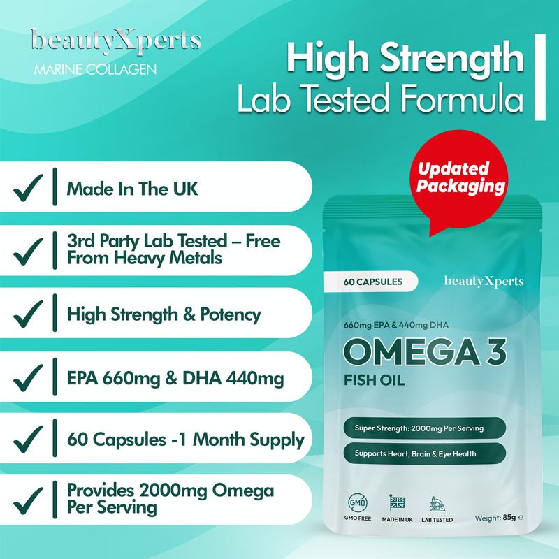 Omega 3 Fish Oil Capsules High Strength Supplement 2000mg | EPA 660mg, DHA 440mg | 60 Soft Gels (not Gummies/Tablets) | UK Made & Tested 60 count (Pack of 1)