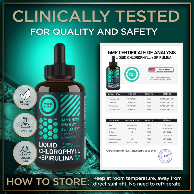 [Australia] - Liquid Chlorophyll Drops with Spirulina for Water - Full Strength Energy, Wellness, Immune Support Supplement - 50mg Chlorophyll Liquid, 12.5mg Spirulina - Lemon Flavor Detox Drink - 2oz, 118 Servings 