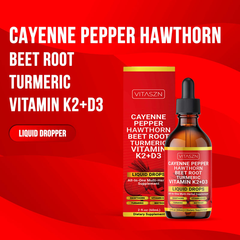 [Australia] - Cayenne Pepper Drops Liquid Supplement with Hawthorn Berry, Vitamin D3 + K2, Beet Root, Ceylon Cinnamon, Turmeric Curcumin, Panax Ginseng & Berberine Vegan-Friendly, Easily Absorbed 2oz - 60ml 