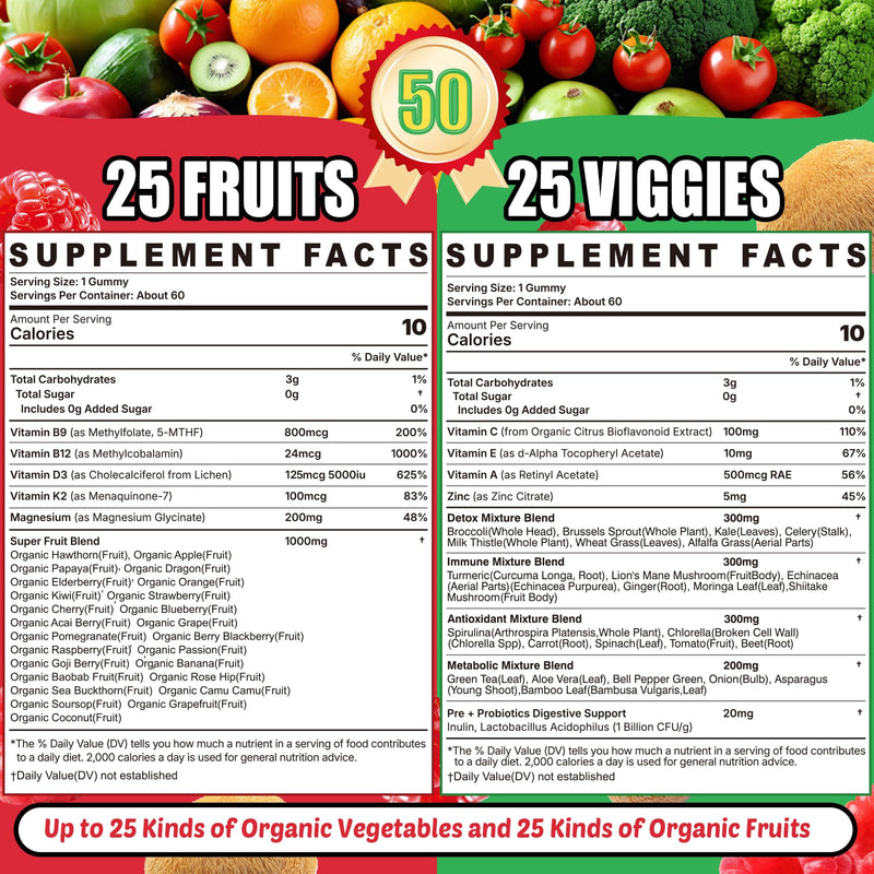 Super Greens Gummies with 50+ Veggies & Fruits, Methylfolate & Methyl B12 | Daily Greens Supplement for Men & Women, Whole Food to Boost Immunity, Energy, Antioxidant, Probiotics - Gut Health, 120cts