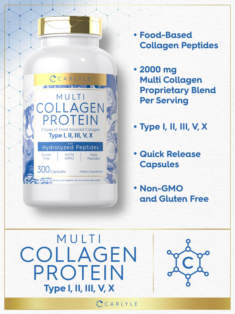 Carlyle Multi Collagen Protein Capsules 2000mg | 300 Count | Type I, II, III, V, X | Collagen Peptide Pills | Keto & Paleo Friendly | Gluten Free, Non-GMO Supplement 300 Count (Pack of 1)