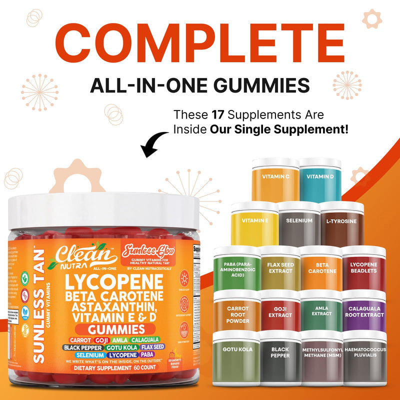 [Australia] - Clean Nutra Sunless Glow Gummies with Lycopene, Beta Carotene, Astaxanthin, Vitamin E and D - All-in-One Gummy Supplement for Daily Routine - 60 Count, Vegan, Non-GMO, Pectin-Based, Gluten-Free 