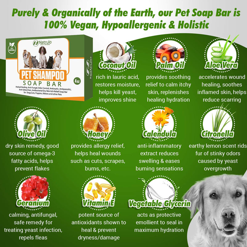 Natrulo All Natural Pet Shampoo Soap Bar for Dogs, Cats, Puppies – Herbal Healing Dry Skin Itch Relief, Odor Control Bar Soap for Pets – Gentle, Plant-Based, Easy-to-Use Pet Soap Bar Made in USA - PawsPlanet Australia