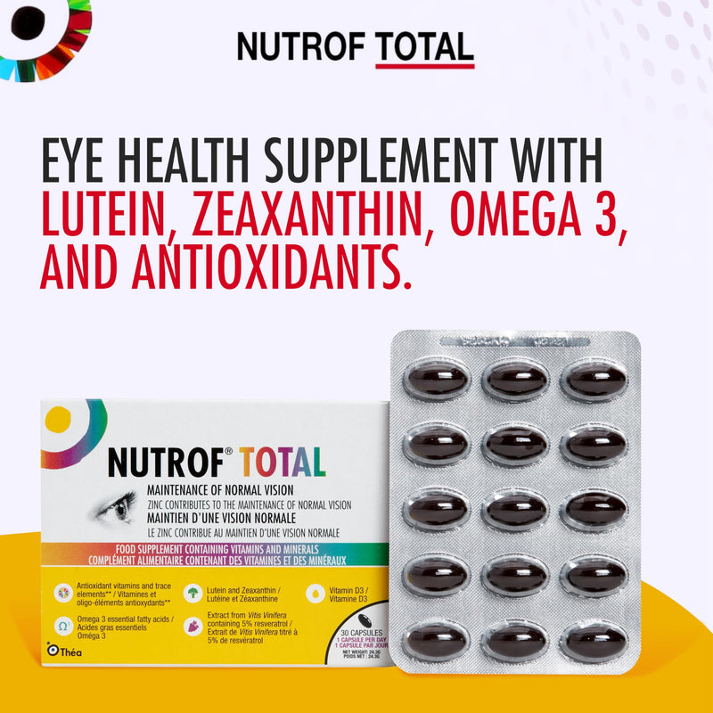 Nutrof Total Capsules – Eye Health Supplement with Lutein, Zeaxanthin, Omega 3, and Antioxidants | Essential Nutrients for Optimal Eye Health | Pack of 30 Capsules (1 Capsule per Day - 1-Month Supply) | Once daily, 11 nutrients and antioxidants, Zinc c...