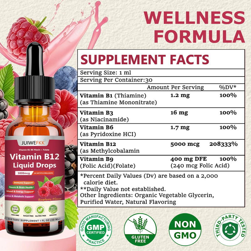 2 Pack Liquid Vitamin B12 Drops 5000 mcg - Extra Strength B12 Methylcobalamin with B1 B6 B3 Folate Niacin - Fast Absorption Sublingual B-12 Drops for Energy Metabolism & Brain Function Raspberry 1 Fl Oz (Pack of 2)