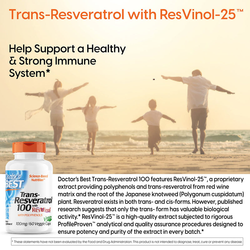 [Australia] - Doctor's Best, Trans-Resveratrol with Resvinol, non-gmo, vegan, Gluten Free, Soy Free, 100 mg, 60 Veggie Caps (DRB-00171) 