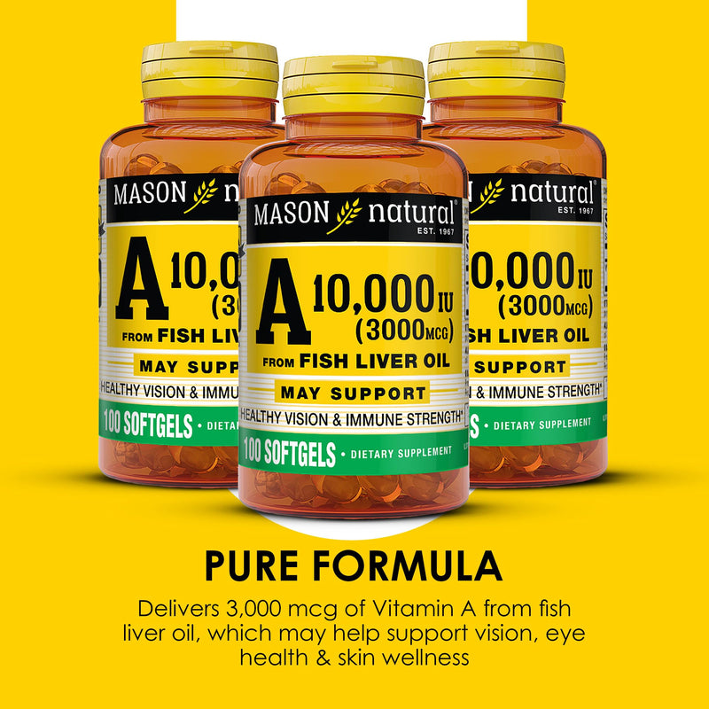 [Australia] - MASON NATURAL Vitamin A 3,000 mcg (10,000 IU) from Fish Liver Oil, Supports Vision & Immune Health, 100 Softgels, Pack of 3 Unflavored 100 Count (Pack of 3) 