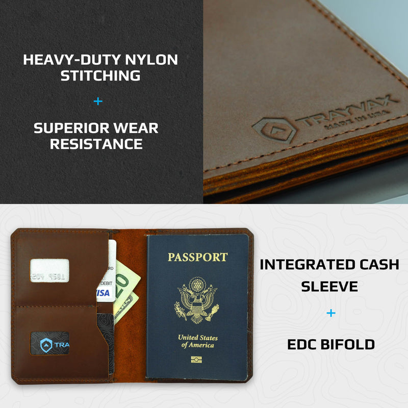 Trayvax Explorer Passport Holder, Small Leather Travel Wallet with Credit Card Slots and Cash Sleeve for Men and Women, Brown