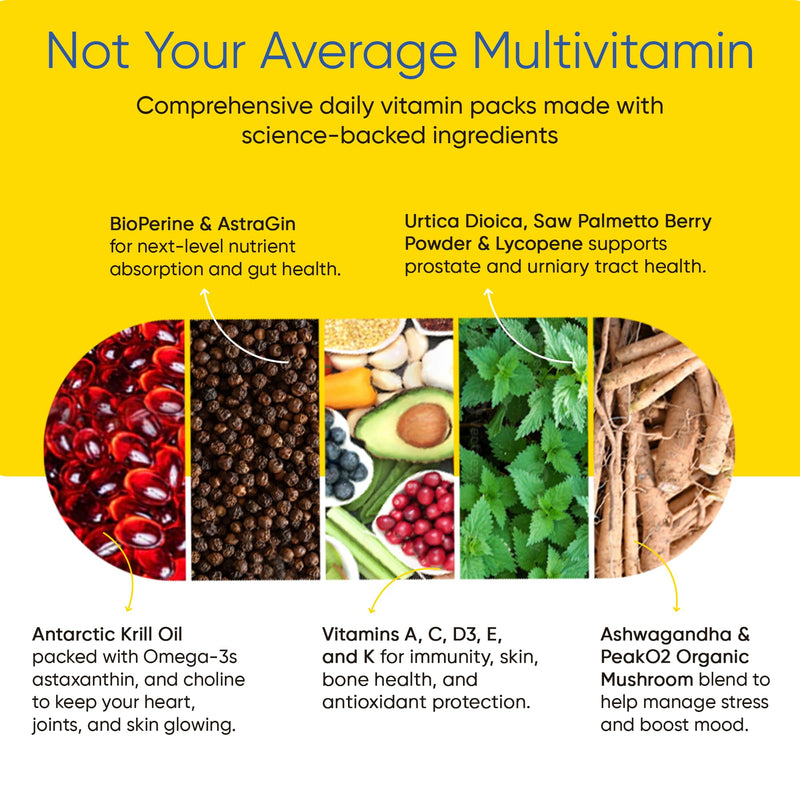Universal U Men's Total Health Vitamin Packs — 22+ Vitamins, Minerals & Omega-3 Krill Oil with Ashwagandha, Mushroom Blend, AstraGin | Energy, Focus, Heart, Prostate & Gut | 30 Daily Packs