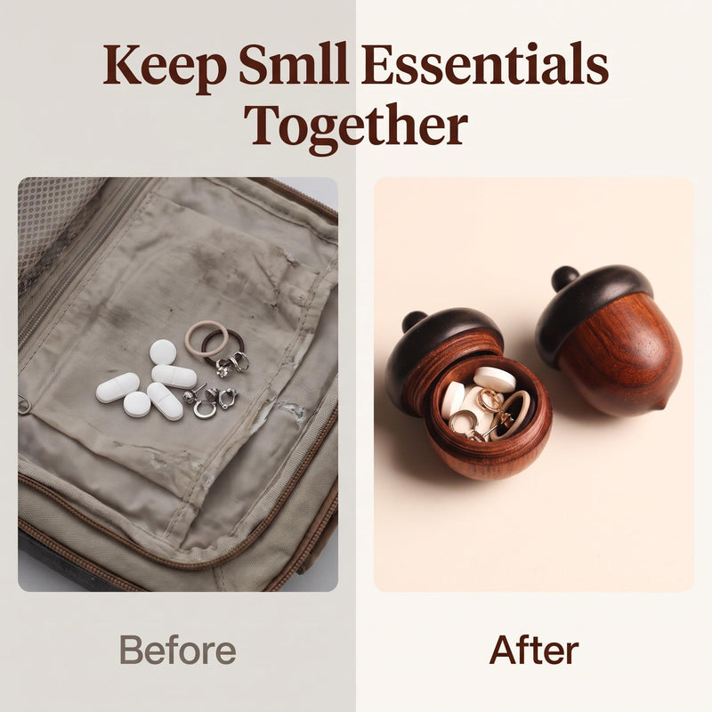 Wooden Travel Pill Case, Solid Wood Medicine Pill Box, Mini Granule Storage Box for Outdoor Acorn Shape Sandalwood Capsules Organizer Pill Organizers Over-the-Counter Medication