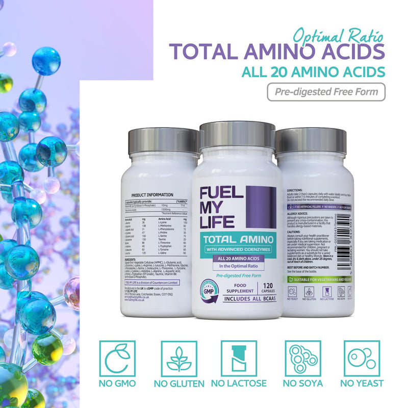 Total Amino Boost - Full Spectrum - All 20 Amino Acids Including All BCAAs -120 Vegan Capsules with Free Form pre-digested Amino Acids with Advanced Coenzyme Support. No Additives - UK Made