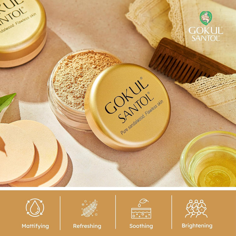 Face Powder Sandalwood Chandan Makeup Powder by Gokul, Natural Face Powder for All Skin Types, 10g-100% Pure sandalwood from India's Mysore Sandal Trees.
