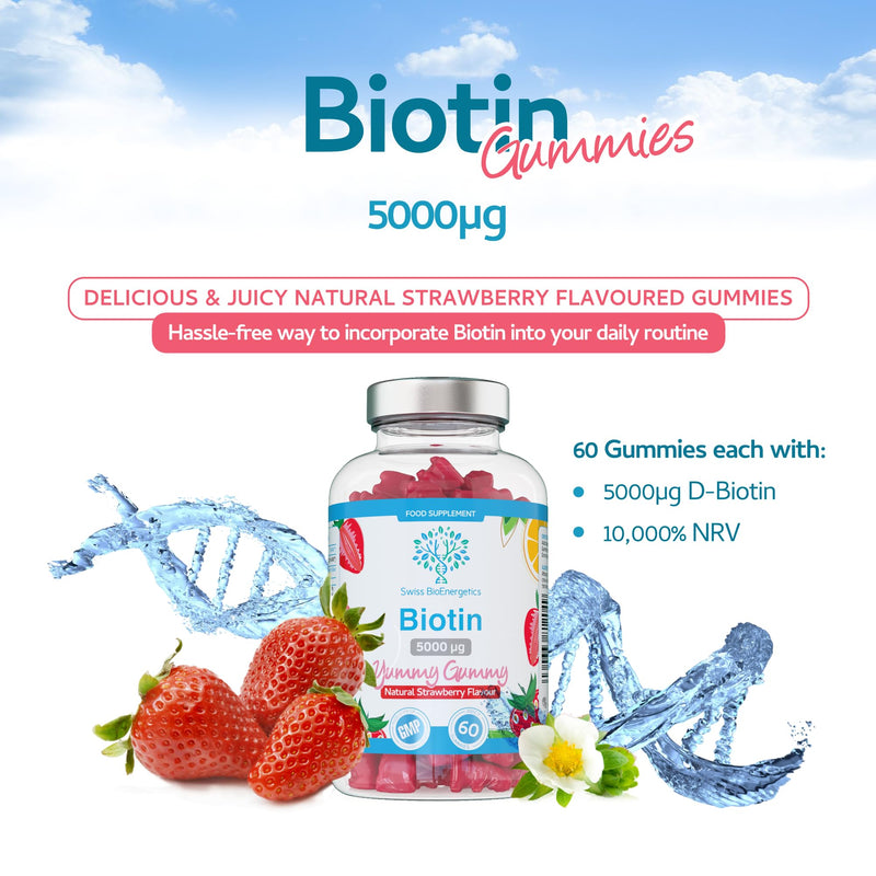 Biotin Gummies 10,000mcg – 60 Vegan Vitamins - Natural Strawberry Flavoured Two Yummy Gummy Daily Dose - Supports Normal Skin & Hair Growth - Chewable - No Artificial Sweeteners – UK Made 60 Gummies
