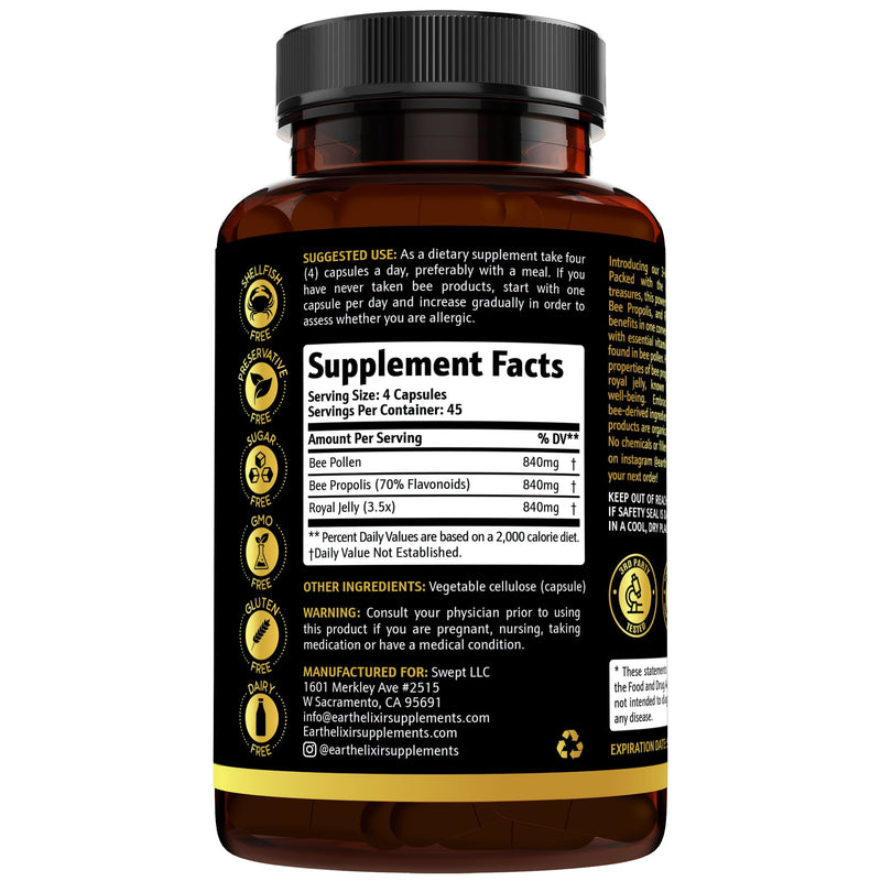 [Australia] - 3-in-1 Bee Pollen Organic 840mg (180 Caps) W/ 840mg Bee Propolis Capsule & 840mg Royal Jelly Capsule - 3rd Party Tested - Bee Pollen Supplement - Organic Bee Pollen Capsule -No Fillers 