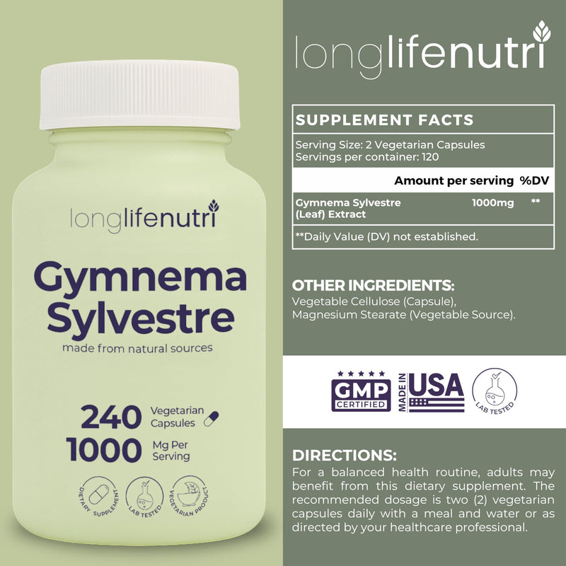 [Australia] - Gymnema Sylvestre 1000mg - Organic 20:1 Leaf Extract, 240 Vegetarian Capsules, 4-Month Supply, Herbal Supplement for Gut Health, GMP Certified, Made in USA 240 Count (Pack of 1) 
