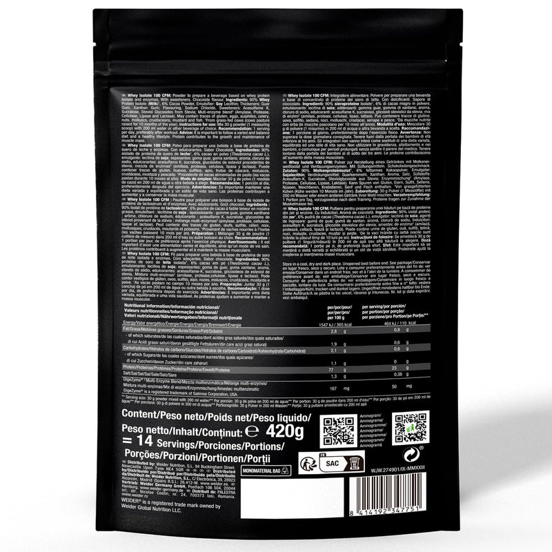 Weider Isolate Whey 100CFM (420g) Chocolate Flavour, Protein 100% Isolate Whey from Isolac®, 23g Protein/Portion, with Digestive Enzymes Digezyme®, No Added Sugar, No Aspartame, Low Fat, 14 Servings CHOCOLATE FONDANT 420g