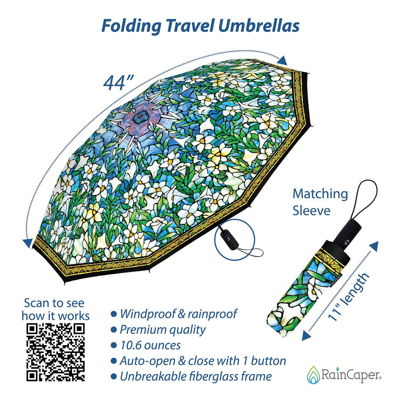 Windproof Auto Open/Close 43" Coverage Folding Travel Umbrella Fine Art Tiffany Field of Lilies Reinforced Rib Travel Umbrella w/Matching Sleeve