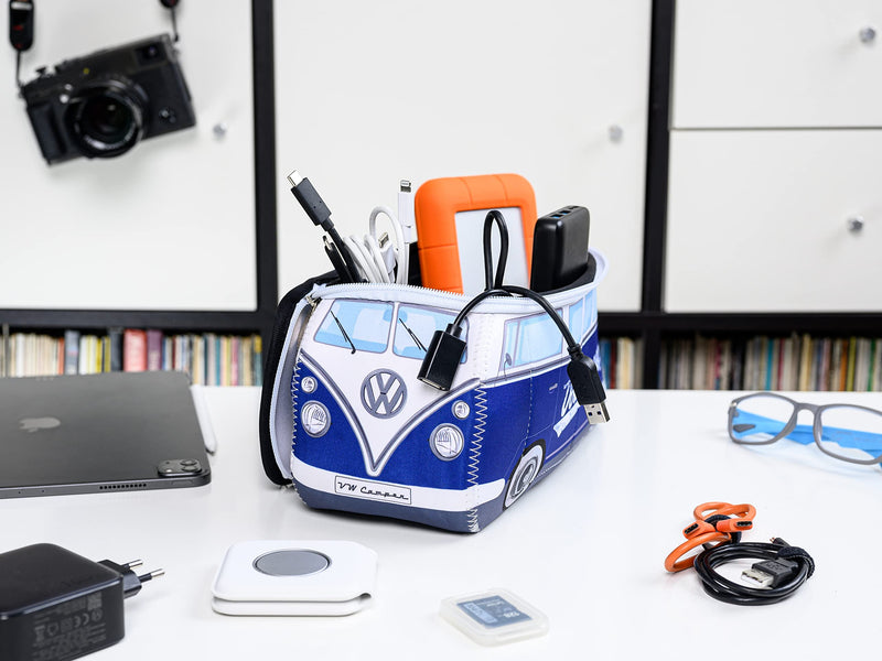 BRISA VW Collection - T1 Bus Camper Toiletry Bag Cosmetic Case | Volkswagen Toiletry Bag Cosmetic Case, Water-Repellent, Hanging Hook, 4 Mesh Pockets for Travel, Neoprene, Blue Large Large (11.8 X 5.5 X 4.7 Inches)