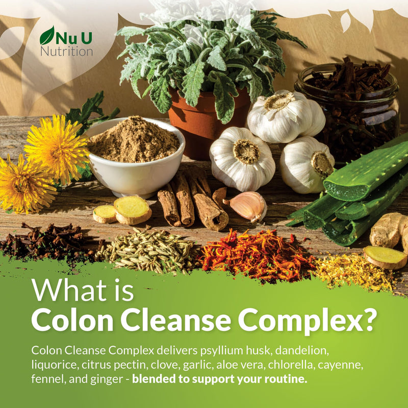 Colon Cleanse Detox Complex - 90 Vegan Capsules - 11 Prebiotic, Fibre & Herbal Ingredients - Psyllium Husk, Aloe, Dandelion & More - Made in the UK - Nu U Nutrition