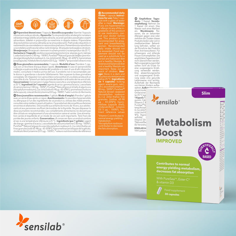 Metabolism Boost with Iodine, Brown Seaweed, Vitamin C and Vitamin D3 – Energy and Fatigue Reduction Formula, 60 Capsules – Sensilab