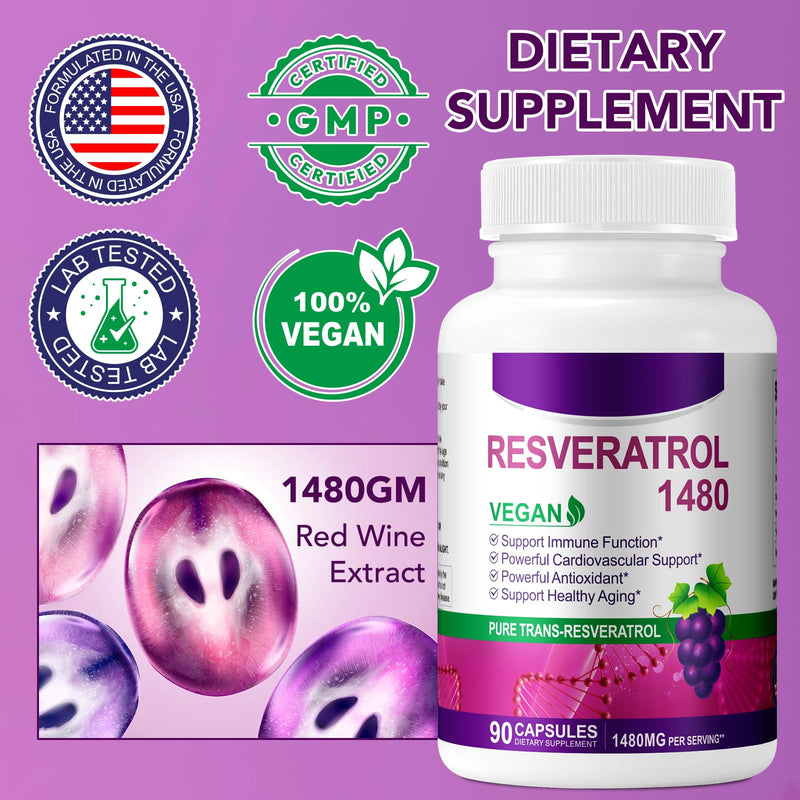 Resveratrol Supplement 1480mg, 90 Capsules High-Potency Trans-Resveratrol Supplement for Heart, Skin, and Anti-Aging Antioxidant