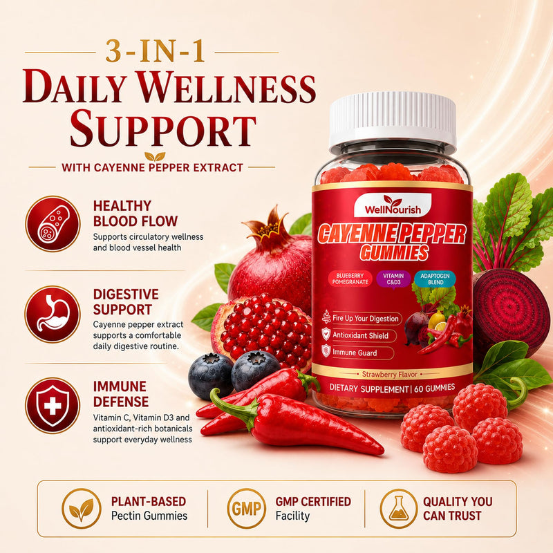 Cayenne Pepper Gummies with Vitamin C and D3, 60 Count | Sugar-free strawberry gummies with beetroot and adaptogen blend for circulation, digestive and immune support. 60 Count (Pack of 1)