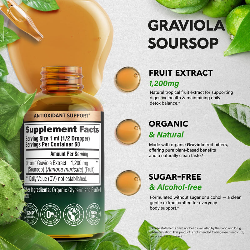 [Australia] - USDA Organic Soursop - Soursop Bitters Liquid - Graviola Fruit Extract - Antioxidant for Digestion & Detox | Energy Boost & Immune Support - Sugar & Alcohol-Free, Natural Taste - Made in USA - 2 Fl Oz 