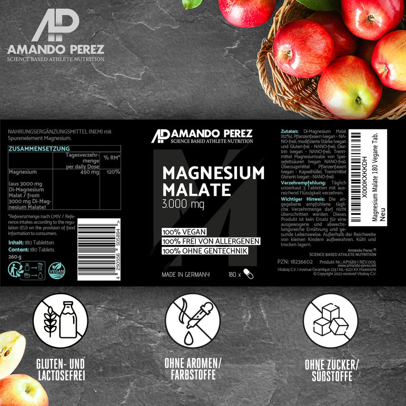 [Australia] - Amando Perez Magnesium Malate Tablets - 180 pieces each 3000 mg Magnesium Malate (450 mg high-dose magnesium) Magnesium for Sports Vegan - Magnesium high-dose capsules Magnesium Malate Tablet 180 pieces (pack of 1) 
