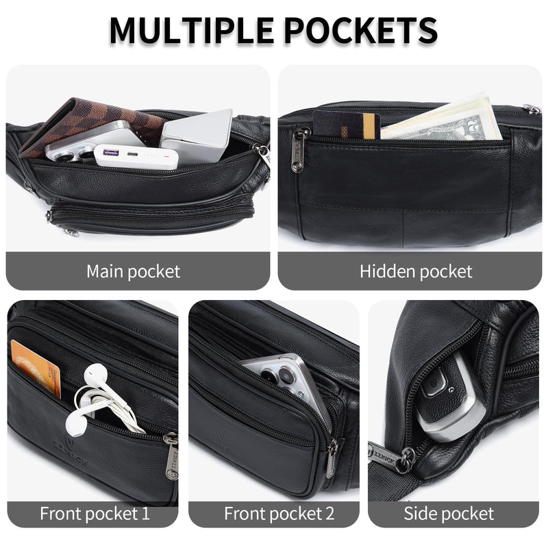Genuine Leather Fanny Pack/Waist Bag/Organizer with Adjustable Belt, Multiple Pockets For Men and Women Black-861 Medium