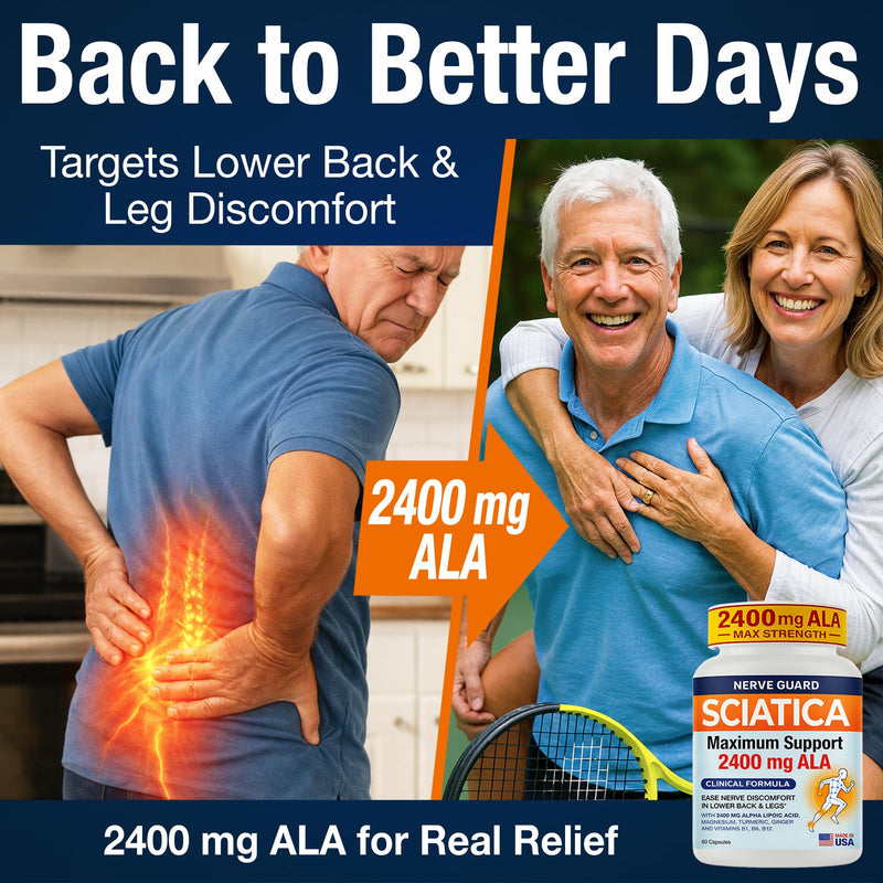 Sciatica Relief Supplement with 2400 mg Alpha Lipoic Acid – Maximum Strength Sciatic Nerve Support for Lower Back & Legs – 2400mg ALA, Vitamins, Magnesium, Turmeric & Ginger – 60 Capsules White-silver
