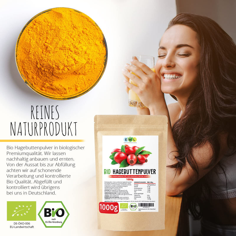 [Australia] - 1kg organic rosehip powder | Whole ground rose hip | Rosehip powder from controlled cultivation | Raw food quality | Controlled and bottled in Germany 