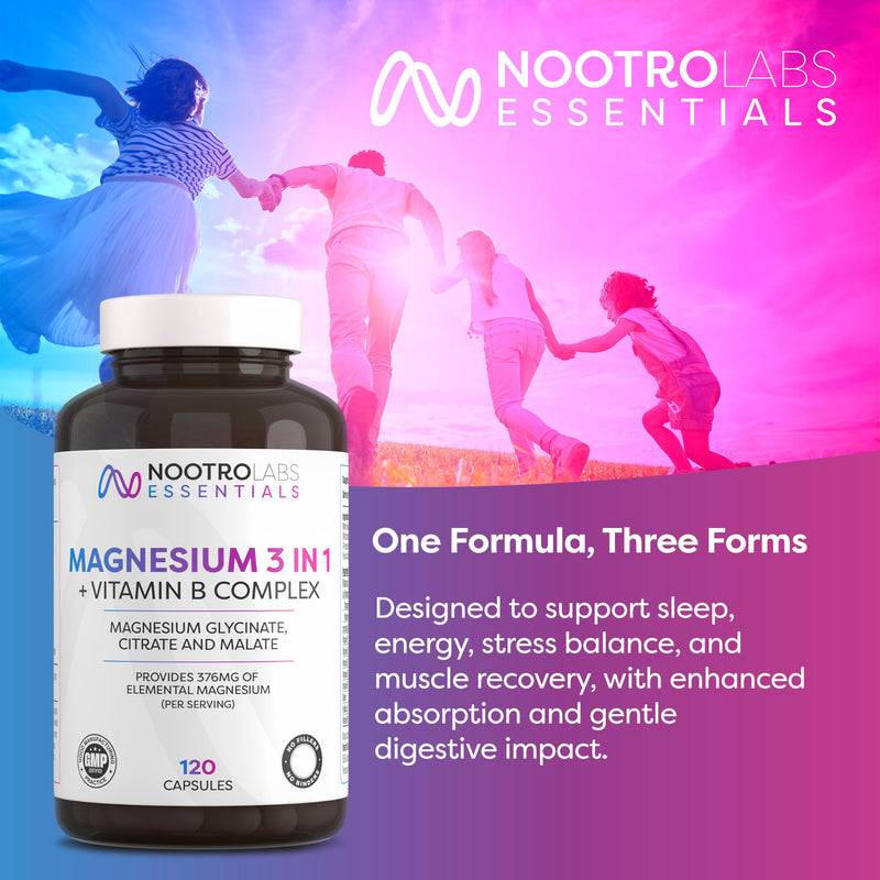Nootro Essentials Magnesium 3-in-1 Capsules, High Strength Magnesium Supplements with Glycinate, Malate and Citrate for Sleep, Muscle & Digestive Support (60 Servings - 2 Month Supply) 120 count (Pack of 1)