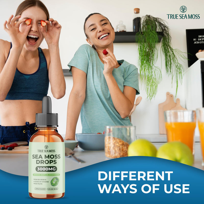 TrueSeaMoss Sea Moss Liquid Drops – Apple, 30 Servings | Irish sea moss liquid drops with black cumin seed oil, bladderwrack, burdock root, vitamin C & zinc. Apple flavor