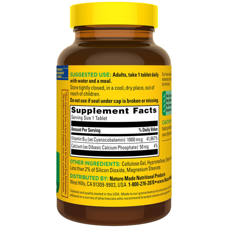 Nature Made Vitamin B12 1000 mcg Time Release Tablets, 160 Tablets | B12 Vitamins for Women and Men, Dietary Supplement for Energy Metabolism Support, Gluten Free, 160 Day Supply Unflavored 160 Count (Pack of 1)