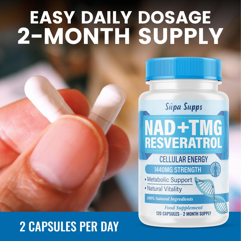 NAD+ TMG, Resveratrol -120 Capsules, 60 Day Supply, Cellular Energy Aid, Methylation Support, Antioxidant Complex, Vegan Friendly, High Strength Formula, NAD Supplements UK, Daily Vitality Support