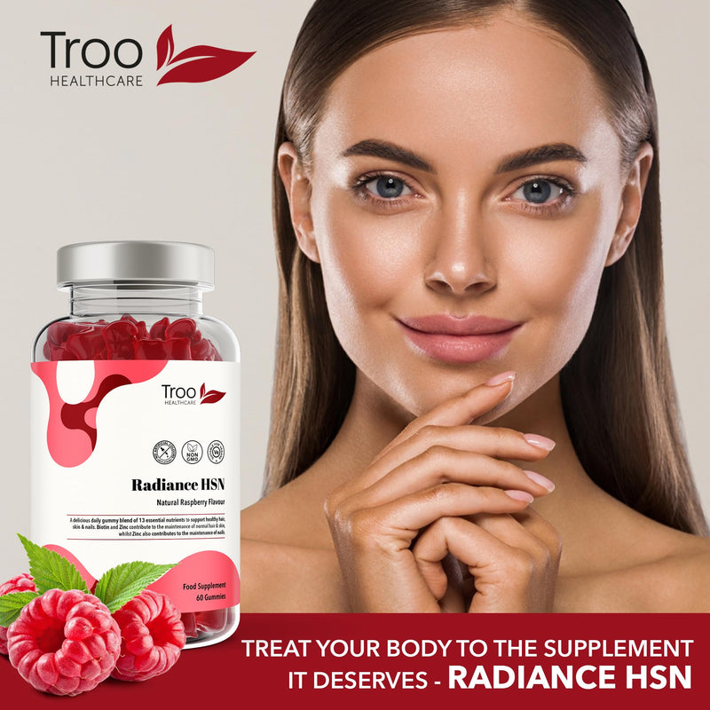 Troo Health Care Radiance HSN 60 Raspberry Flavour Gummies - Advanced Hair Skin & Nails Supplement for Men & Women - 13 Essential Nutrients Inlcuding Biotin 60 count (Pack of 1)