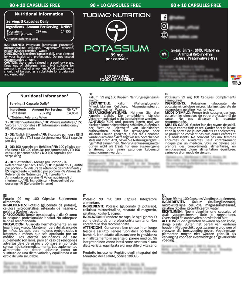 Potassium Supplements | Potassium Gluconate Capsules - 99mg per Capsule - 100 Capsules, Each with 99 mg of Premium Quality Potasium Gluconate Powder