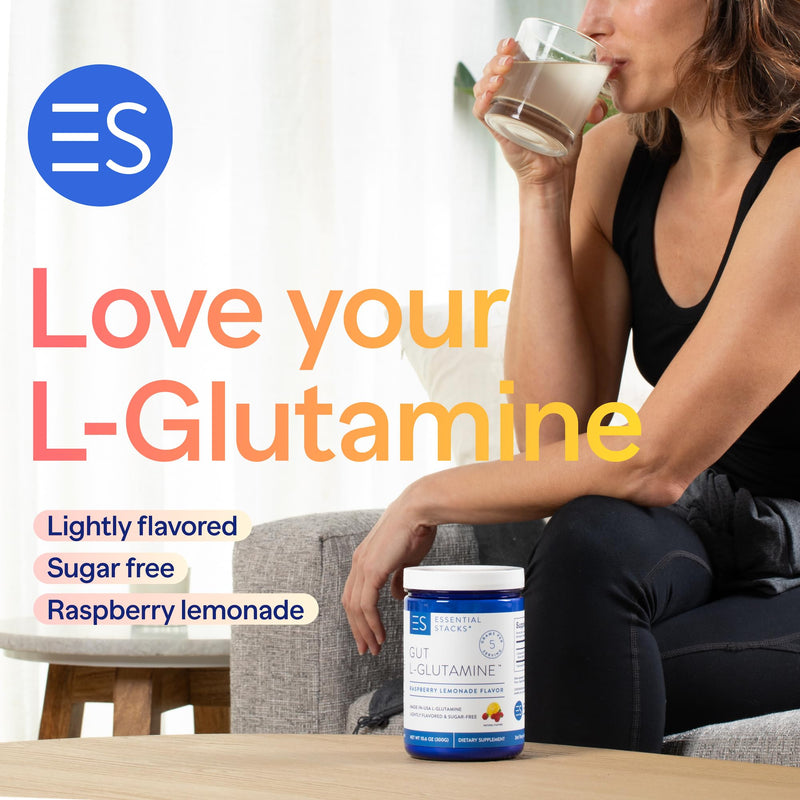 [Australia] - Essential Stacks Flavored Gut L-Glutamine Powder (Raspberry Lemonade) - Sugar Free & Gluten Free - Made with Organic Raspberry & Lemon Flavors (50 Servings) 
