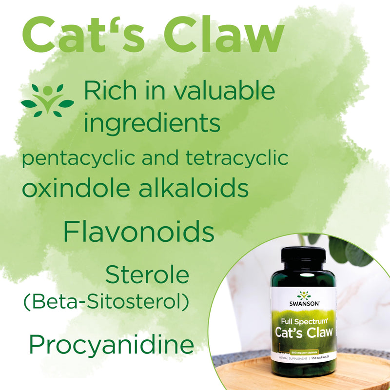 Swanson, Cat's Claw, 500mg, 100 Capsules, High Strength, Laboratory Tested, SOYA Free, Gluten Free, Non-GMO