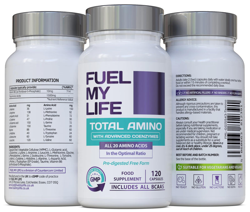 Total Amino Boost - Full Spectrum - All 20 Amino Acids Including All BCAAs -120 Vegan Capsules with Free Form pre-digested Amino Acids with Advanced Coenzyme Support. No Additives - UK Made
